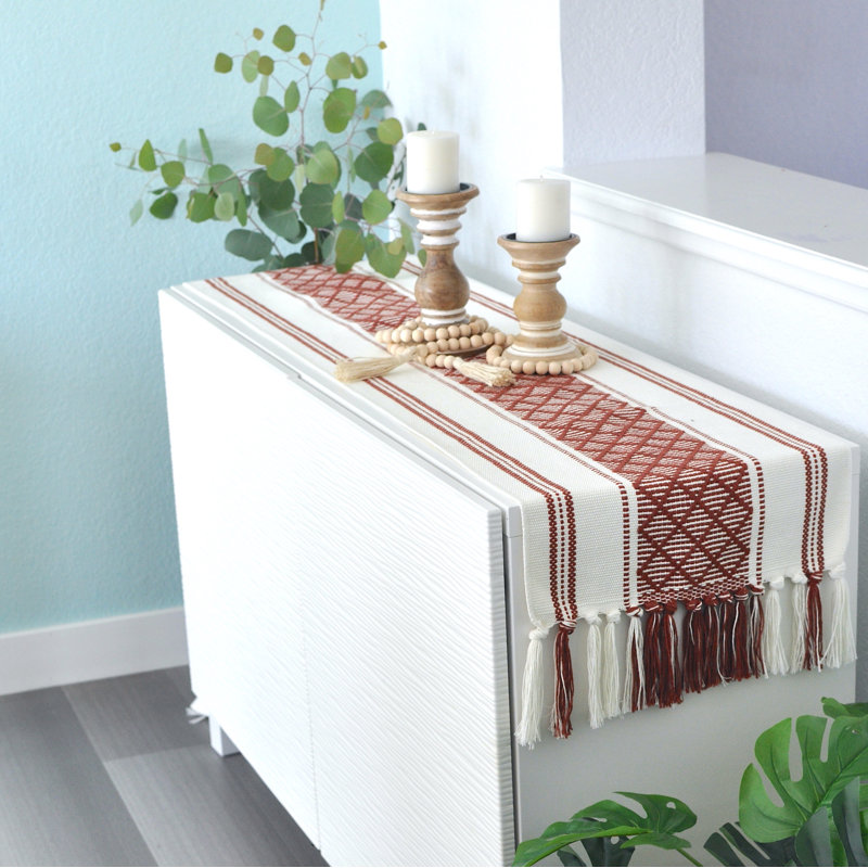 Boho Cotton Woven Table Runner With Tassels, 48" x 14", Rust Brown