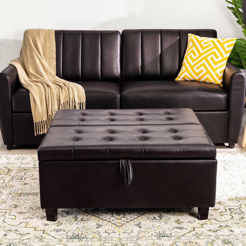 Grande table basse avec repose-pieds capitonné et capitonné avec rangement et dessus carré 35,43 po Ciara