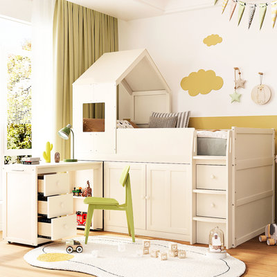 Lit mezzanine simple beige avec bureau coulissant coulissant, armoires fermées et tiroirs de rangement ouverts pour les petits espaces