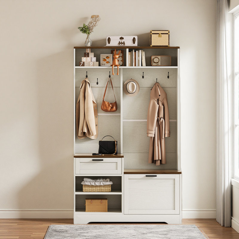 Hall Tree With Bench And Shoe Storage, 6-In-1 Entryway Organizer, 43.3" X 15.75" X 70.87", MDF Wood, Walnut