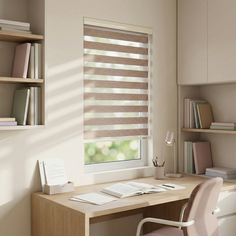 Store zébré Shadesu pour fenêtres, l 46 po x H 72 po, brun, abat-jour zébré à double couche sans contrôle, contrôle de la lumière pour le jour et la nuit, stores transparents pour fenêtres d'intérieur, chambre à coucher, cuisine