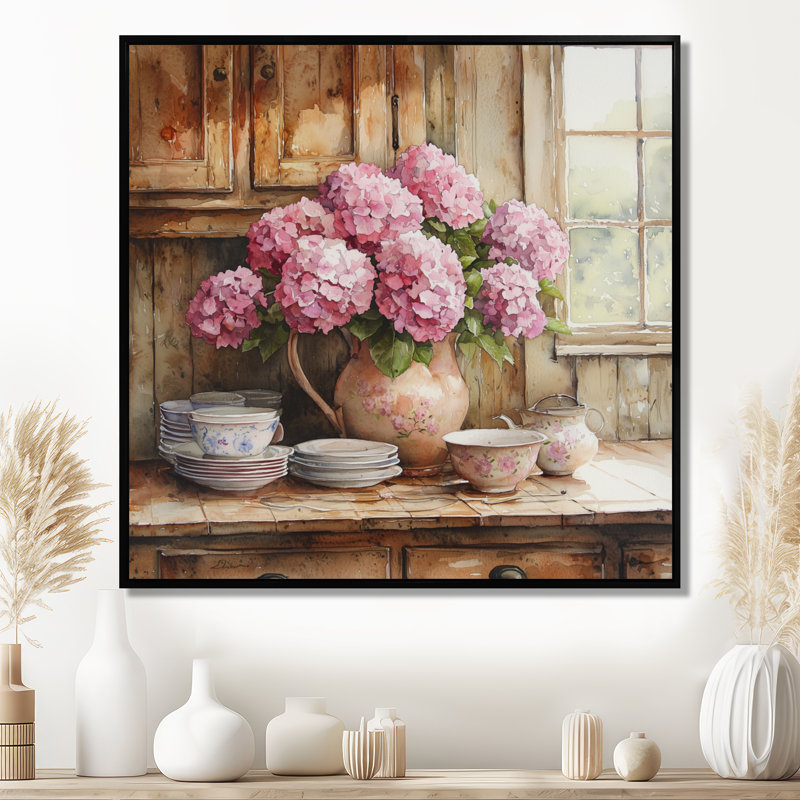 Hortensias dans la ferme II - hydrangées, art mural, Impression encadrée flottante, Noir, noir, noir, noir, H 16 po x l 16 po