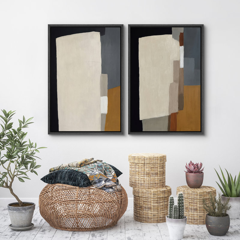 Art mural abstrait, ensemble de 2 reproductions d'art encadrées sur toile, H 24 po x l 32 po, Noir