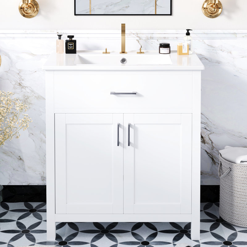 Meuble-lavabo de 30 pouces: lavabo en céramique et capacité de rangement abondante. Compact pour les petites salles de bain. Bois massif +. 2 portes, 1 tiroir. Meuble-lavabo gracieux avec accessoires d'espace - désencombrez votre