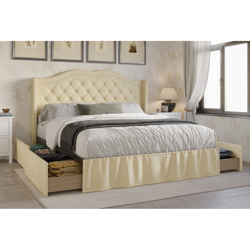 Lit à panneaux tapissier avec rangement Charland, Grand, Beige