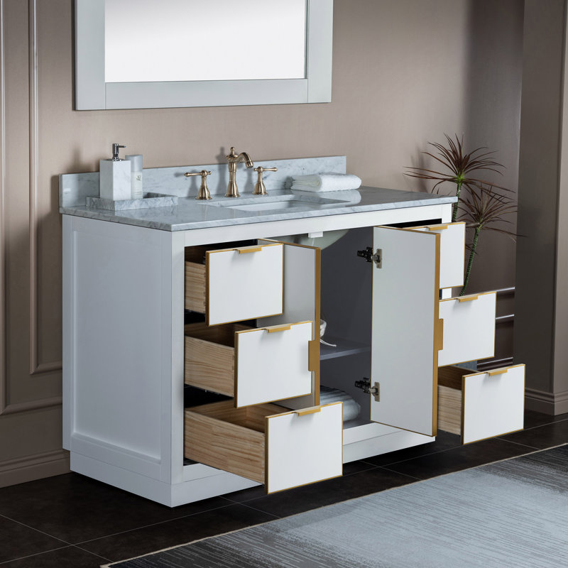 Armoire d'appoint en bois massif avec comptoir en marbre de Carrare 48 po Venice, Blanc