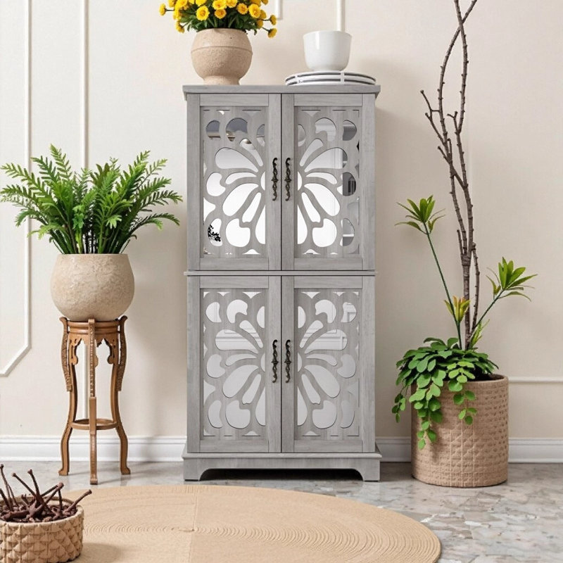 67.4" H Light Gray Corner Accent Cabinet with 4 Mirrored Doors, Adjustable Shelves - Storage Solution for Entryway, Living Room, Bedroom & Kitchen