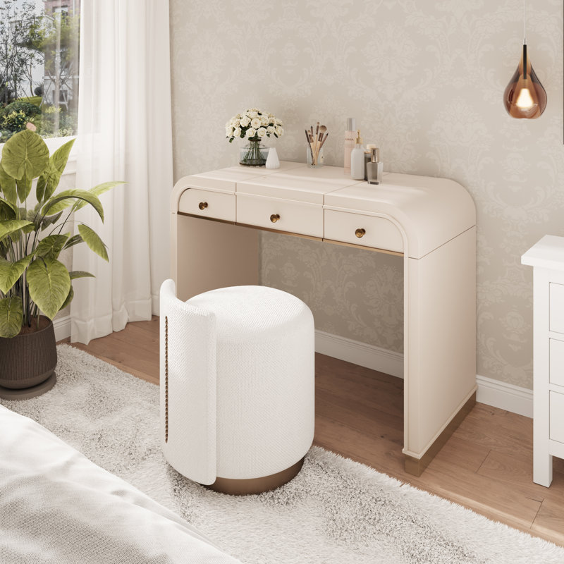 Coiffeuse de maquillage classique avec miroir rabattable et 2 tiroirs, bureau de maquillage avec espace de rangement caché