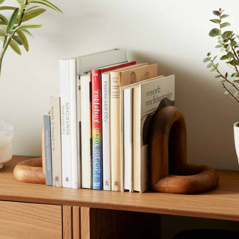 Modern Mango Wood Bookends with Sleek Sculptural Design, Decorative Contemporary Style Accent for Shelving or Office Display, Set of 2