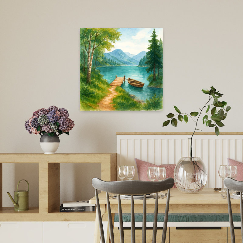 Bateau sur le lac scandinave, art mural contemporain, H 18 po x l 18 po