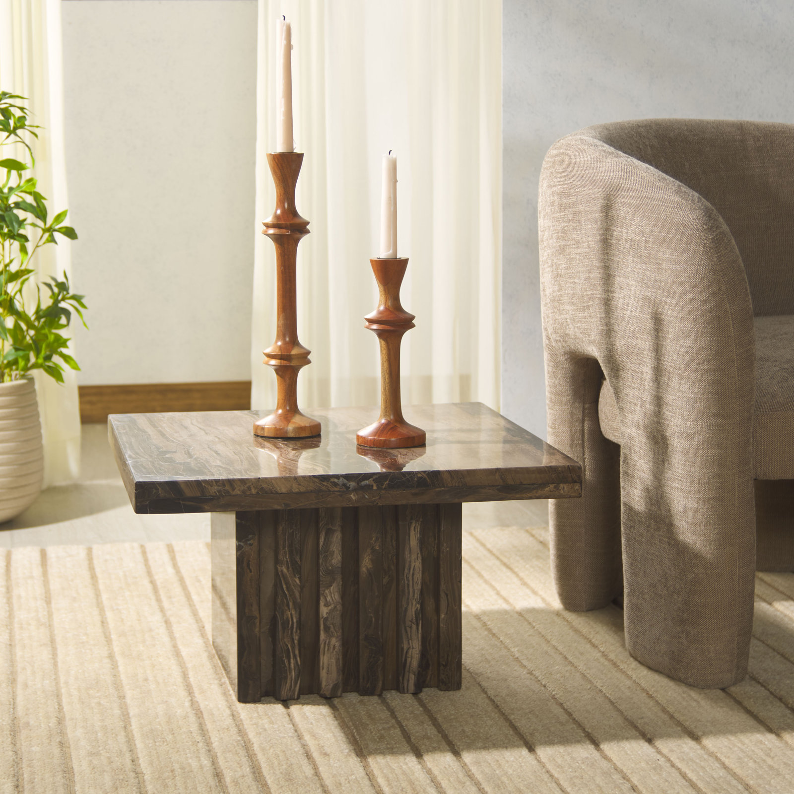 Pristina Tall Square Marble Accent Table, Brown, 12" H x 21" W x 21" D
