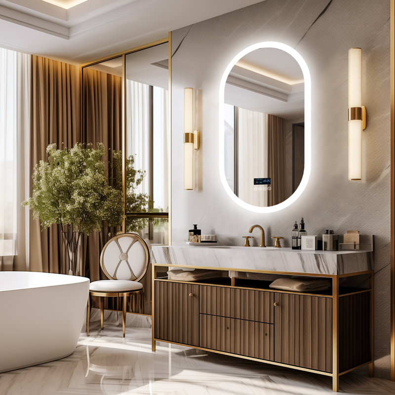 Oval Bathroom Mirror With Led Lights And Built-in Bluetooth Speaker, Time Temperature Display Unit - Smart Lighted Vanity Makeup Wall Mounted Mirrors - 3 Lights Setting Anti-fog Dimmable Ip56