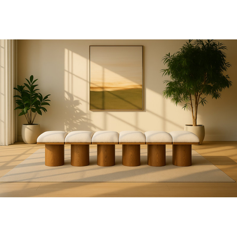 Banc rembourré Horatia, Tissu crème bouclé, Noyer brun, H 17,5 po x l 93 po x P 18 po