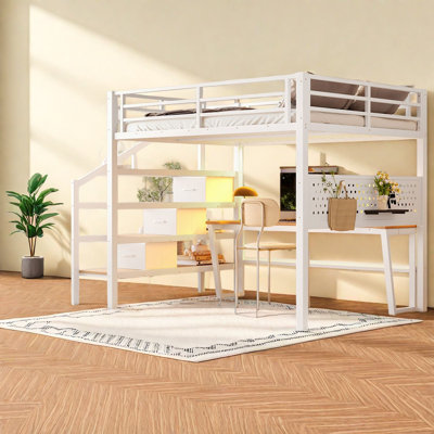 Lit mezzanine avec rangement, panneau de fibres à densité moyenne en métal multifonctionnel moderne pour les petites pièces