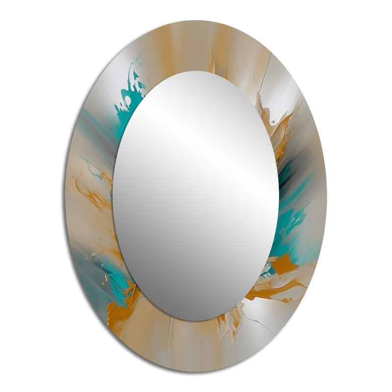 Yellow And Turquoise Marble Fuild Ink - Yellow Modern Oval Wall Mirror, 40" x 30"