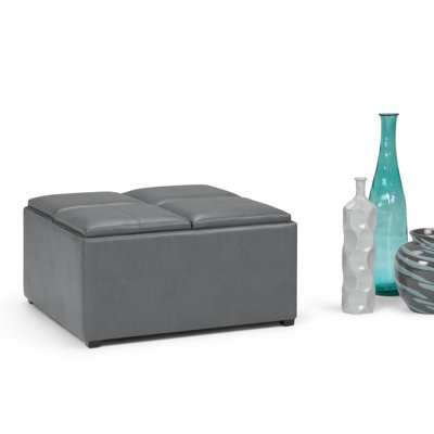 Avalon 35"W Upholstered Vegan Leather Modern Square Coffee Table Storage Ottoman with 4 Flip-Over Trays