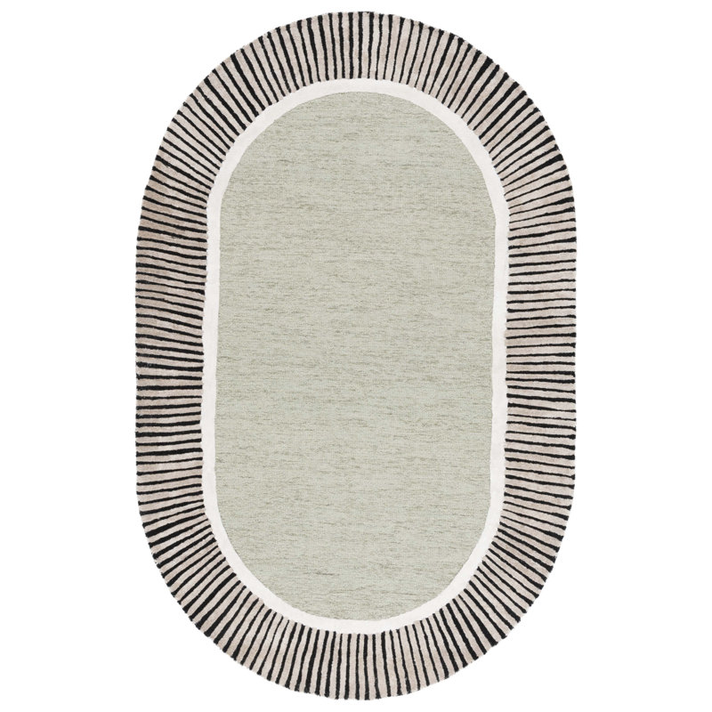 107 Hand Tufted Wool/Viscose/Cotton Striped Rug in Sage/Black, Oval 8' x 10'