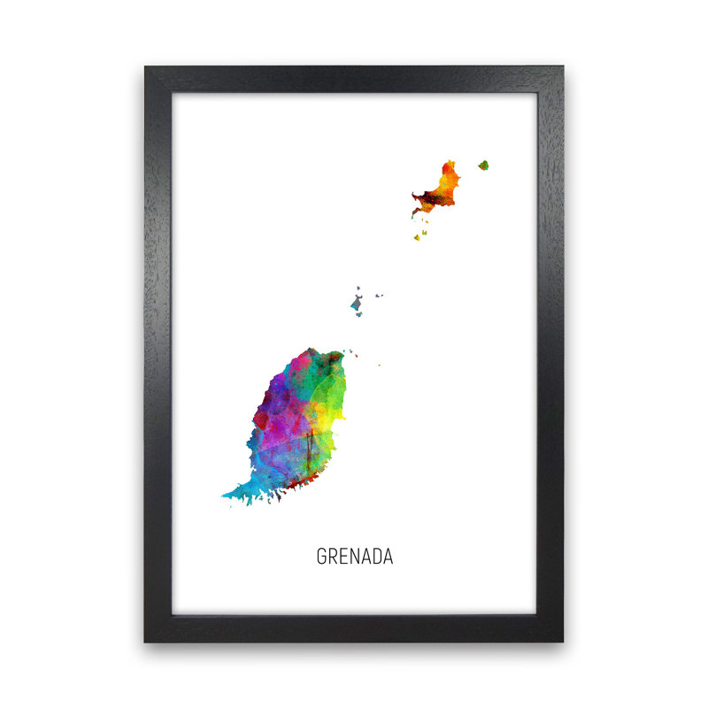 Grenada Watercolour Map by Michael Tompsett - Print, Black Framed, 34cm H x 25cm W x 3cm D