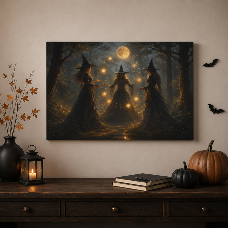 «Three Witches with Glowing Orbs In Moonlit Forest», art mural sur toile, H 20 po x l 30 po