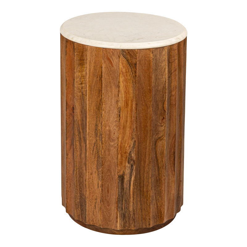 Table de bout ronde en bois de manguier avec plateau en marbre Luca, noyer, Brun / Ivoire