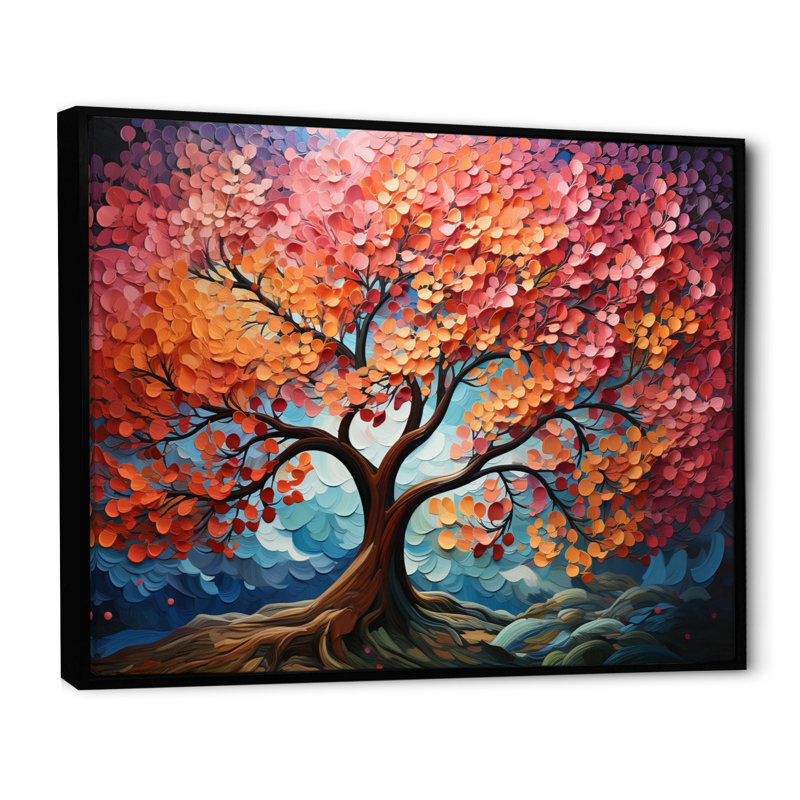 «Trees Abstract Pink Peach Symphony», reproduction, H 24 po x l 32 po x P 1 po, Cadre flottant noir