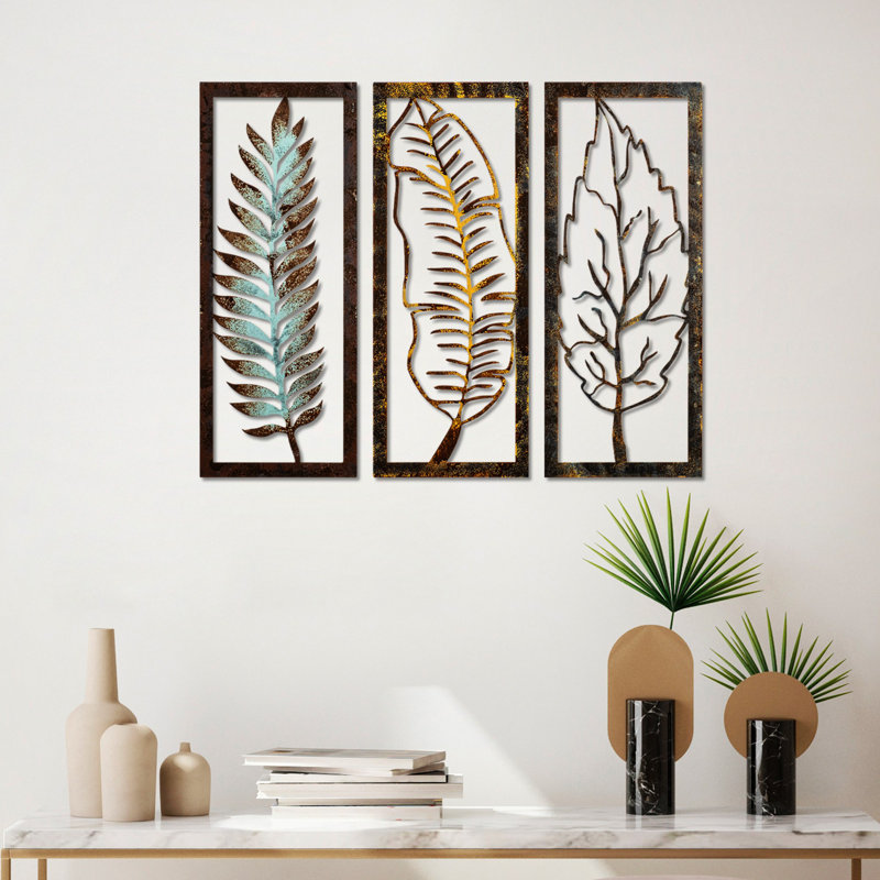 Hand-Painted Decorative Metal Wall Accessory (3 Pieces), 21.7 x 8.7 x 0.6 inches | 100% Metal, Thickness: 0.06 inches | Unique Color Variations, Perfect for Modern Home Decor & Stylish Interiors
