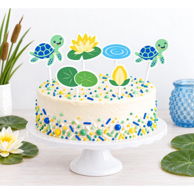 Little Turtle Pond Cake Decorations, Mint Blue Turtle Lily Pad Baby Shower Cake Toppers, Cardstock Picks