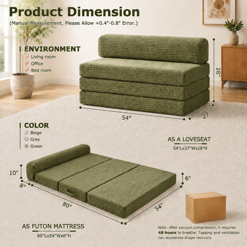 Canapé-lit pleine grandeur vert 5 en 1 convertible avec futon désossé, canapé-lit avec poignée, coussins amovibles et housse lavable pour les petits espaces