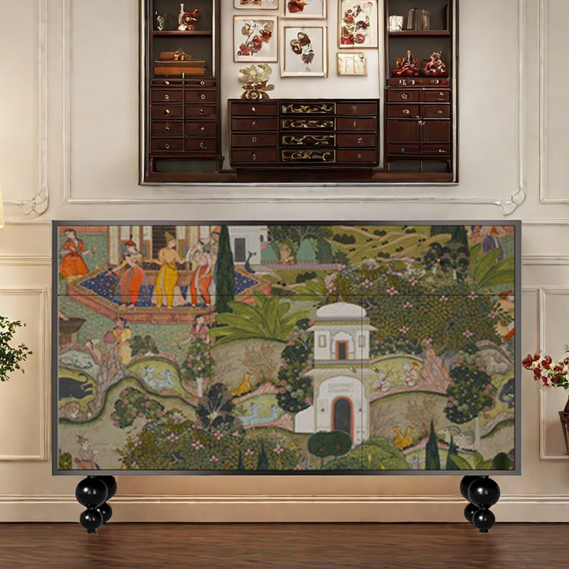 Modern Simple Entryway Accent Cabinet Sideboard, Black + Multicolour