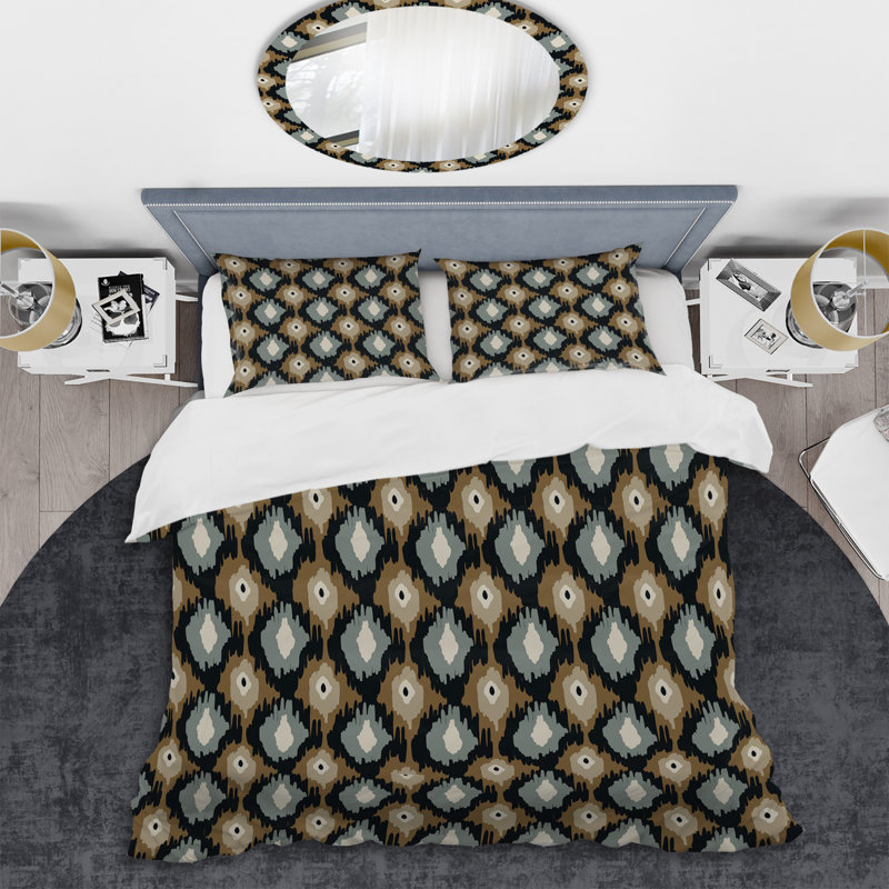 Ensemble de housse de couette à motif ikat brun et gris, Housse de couette simple + 1 taie décorative stan