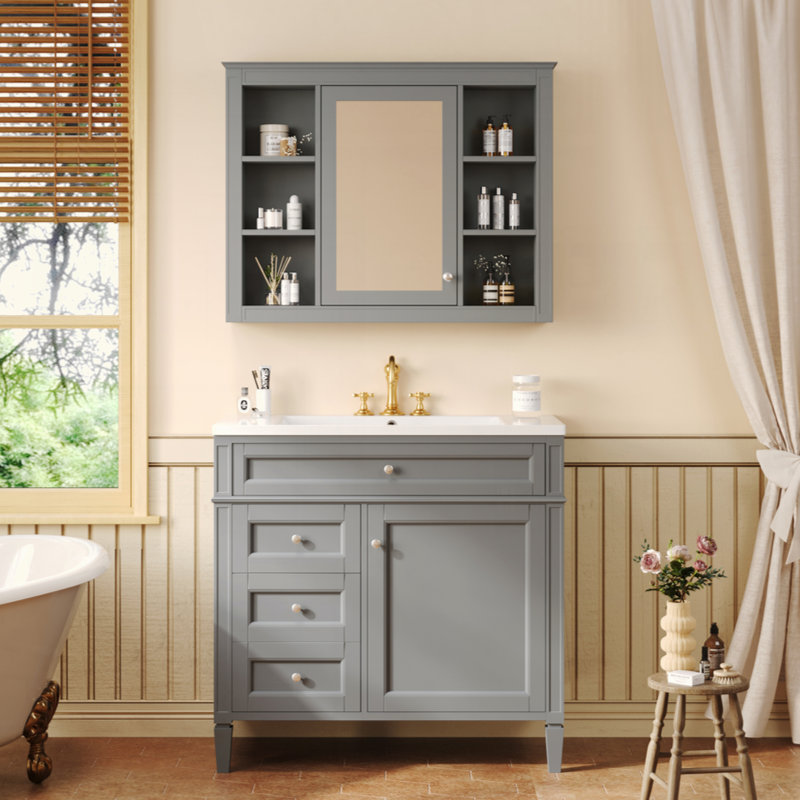 Meuble-lavabo 36 po avec armoire à pharmacie, armoire de rangement moderne avec 2 portes à fermeture douce et 4 tiroirs, meuble-lavabo simple
