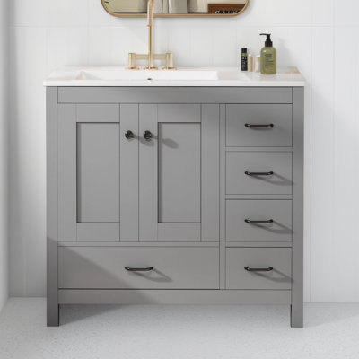 Meuble-lavabo texturé gris 36 po avec lavabo en céramique + 2 portes à fermeture en douceur et 5 tiroirs pour un rangement pratique