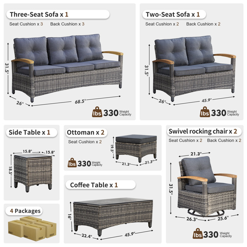 8 Pieces Patio Furniture Sets,Outdoor Rattan Furniture Conversation Sets With 2 Wood Armrests Swivel Rocker Chairs, 2 Ottoman, 2-Seat Sofa And Coffee Table