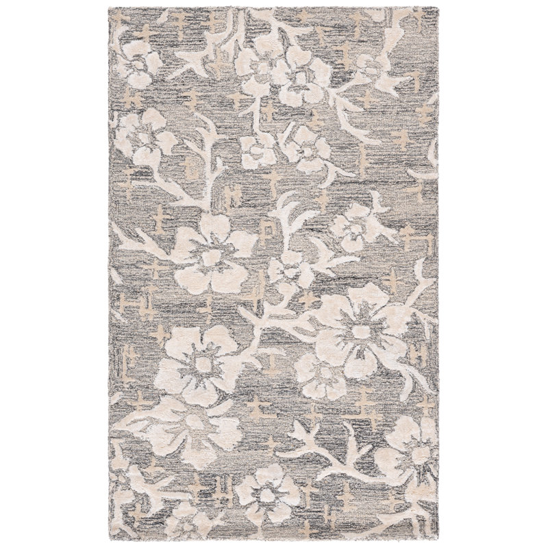 Tapis en laine / viscose / coton touffeté à la main Sirish ivoire / gris, Rectangle 3 pi x 5 pi