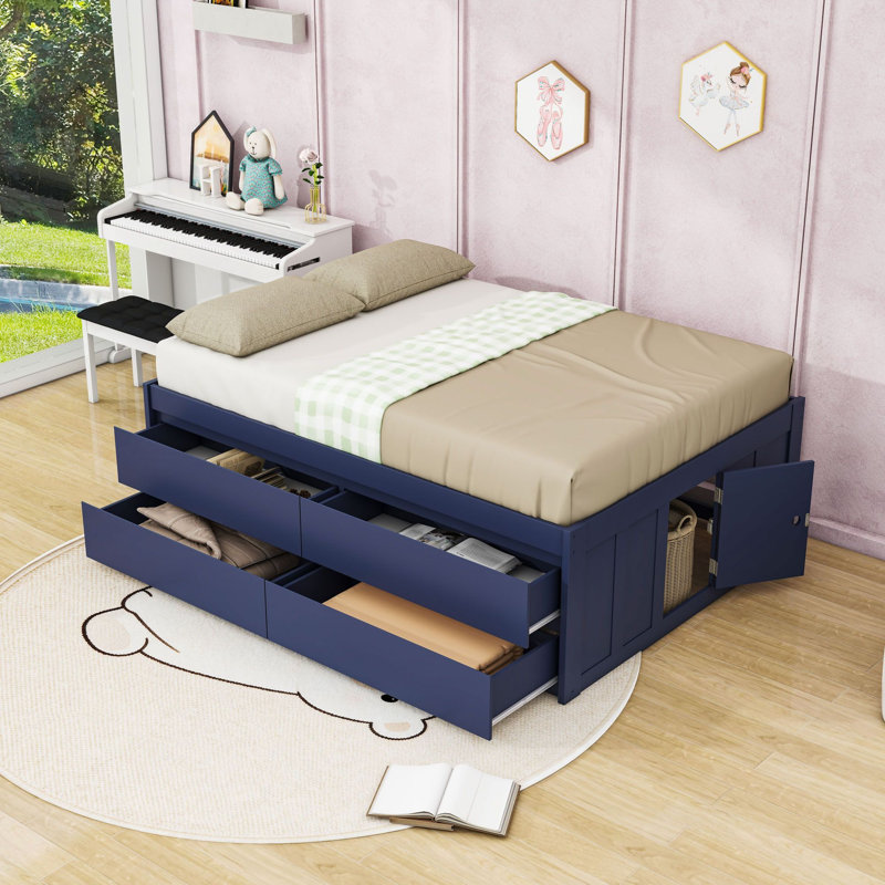 Lit plateforme avec tiroirs de rangement, Full, Navy Blue