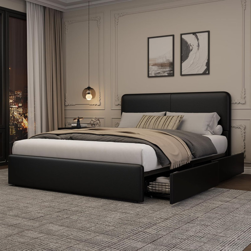 Full Upholstered Platform Bed Frame with Headboard & Storage Drawers, No Box Spring, Black, Full