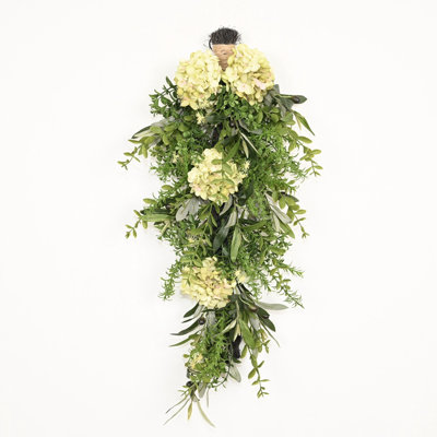 Ornement floral en forme de larme 24 po avec retentissement floral et feuilles en forme d'hortensia pour porte d'entrée 24 po