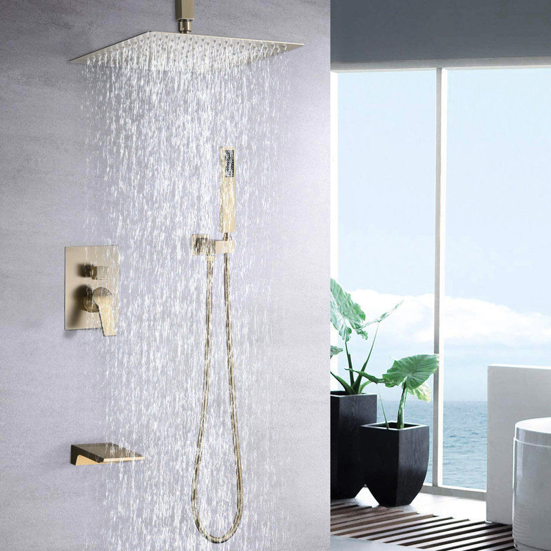Système de douche 10 pouces, robinet de pluie, acier inoxydable doré brossé, équilibré, 3 alternances, groupe de montage mural, conversion, matière