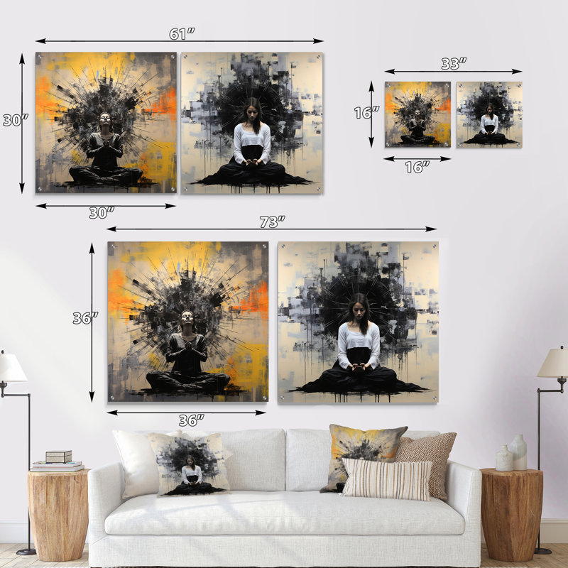 Minimalisme noir et blanc Yoga Mediation I - ensemble de 2 verres muraux en acrylique, H 16 po x l 33 po