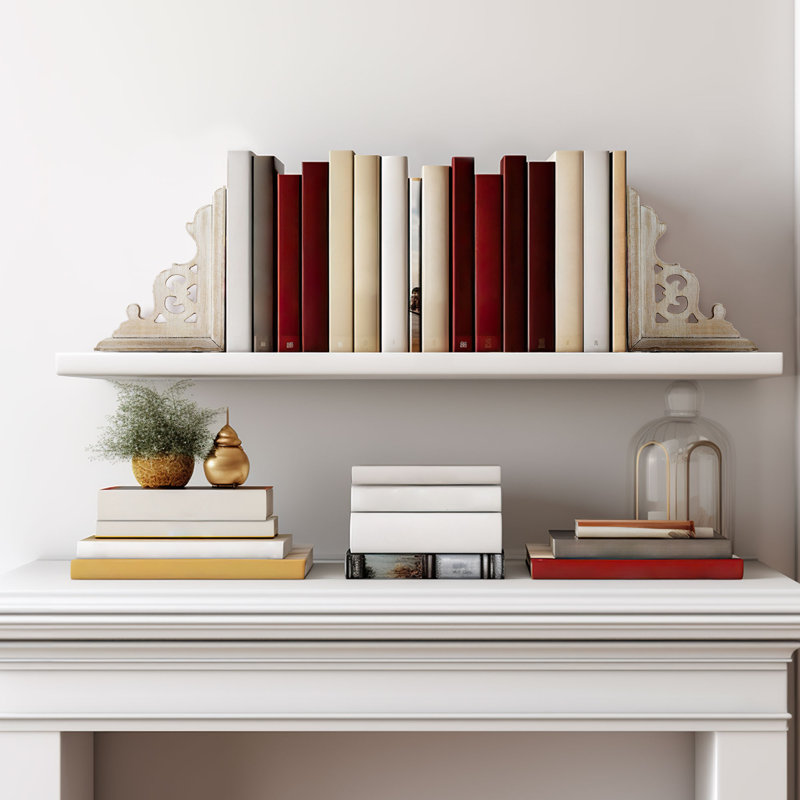 Distressed White Carved Wood Renaissance Bookends Set