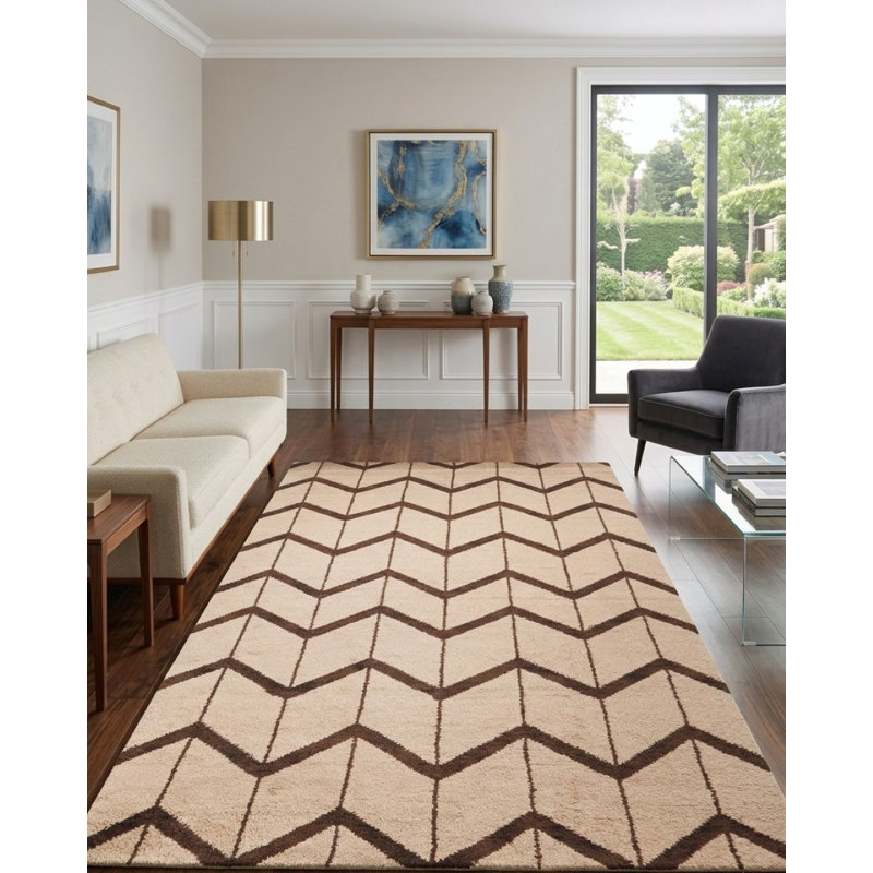 Tapis d'intérieur rectangulaire en laine beige et marron, fait main, à motifs géométriques et noué à la main