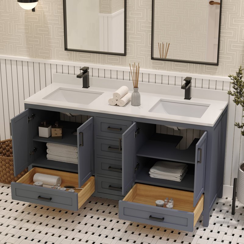 Rooh 60'' Double Bathroom Vanity with White Quartz Top, Gray, Matte Black