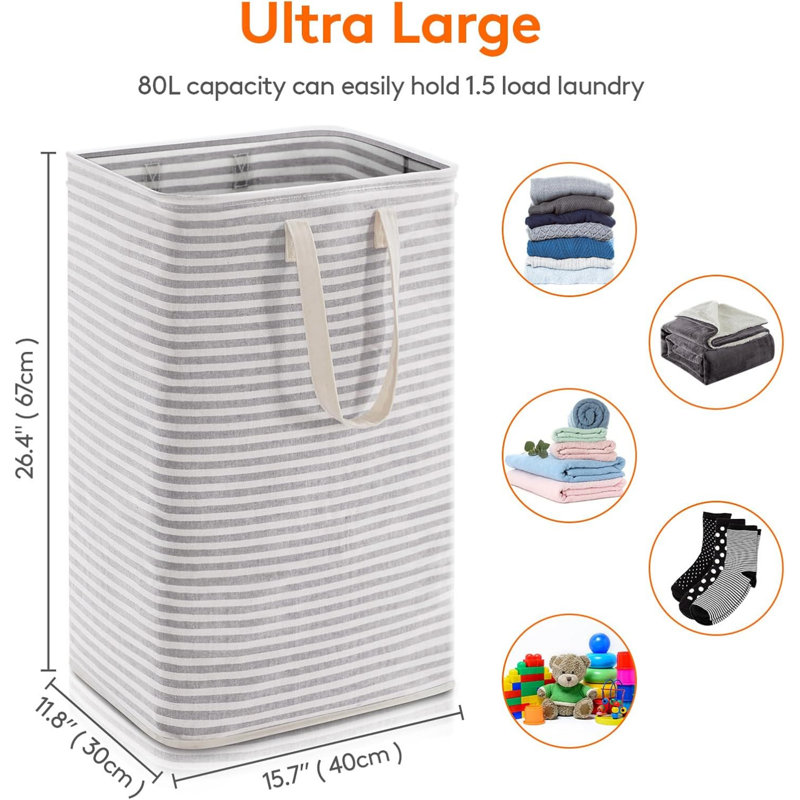 80L Collapsible Washing Laundry Basket Hamper, Dirty Clothes Basket Laundry Bin With Extended Handles For Storage Clothes Toys In Bedroom Bathroom, Grey