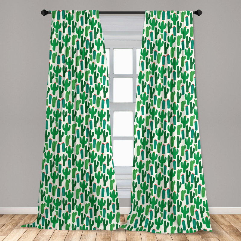 Cactus Motif Green and Red Polyester Rod Pocket Curtain Panels