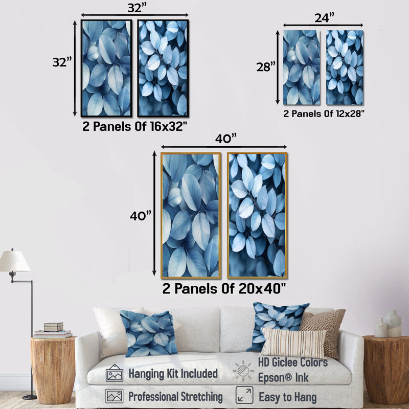Minimalisme, feuilles bleues fumées I - art mural floral 2 panneaux, 32" H x 33" W, Encadrement argenté