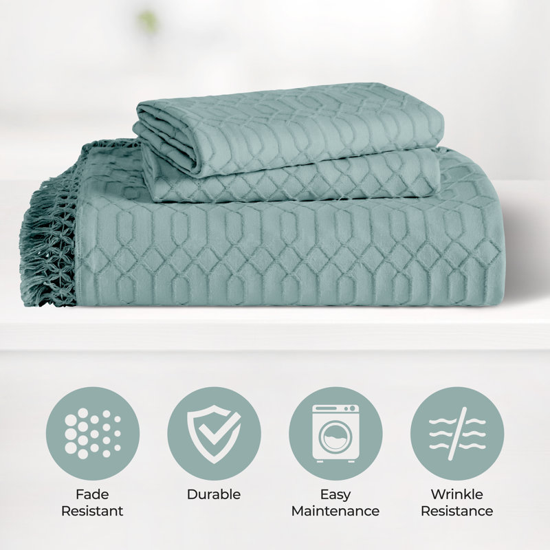 Aqua Full Cotton Jacquard Geometric Fringe Bedspread Set