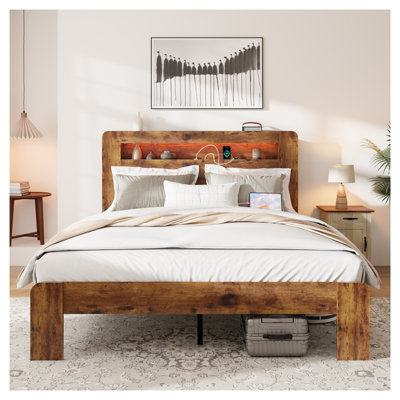 Queen Size Platform Bed Frame with Storage LED Light Headboard, 2 USB Ports, No Box Spring Needed, Noise-Free Wood Metal Bed Frame with Under Bed Storage, Dark Brown