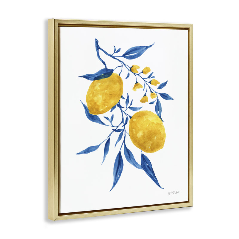 «Lemons with Blue Leaves Floater», art mural sur toile par Yvette St. Amant, Cadre flottant métallique doré