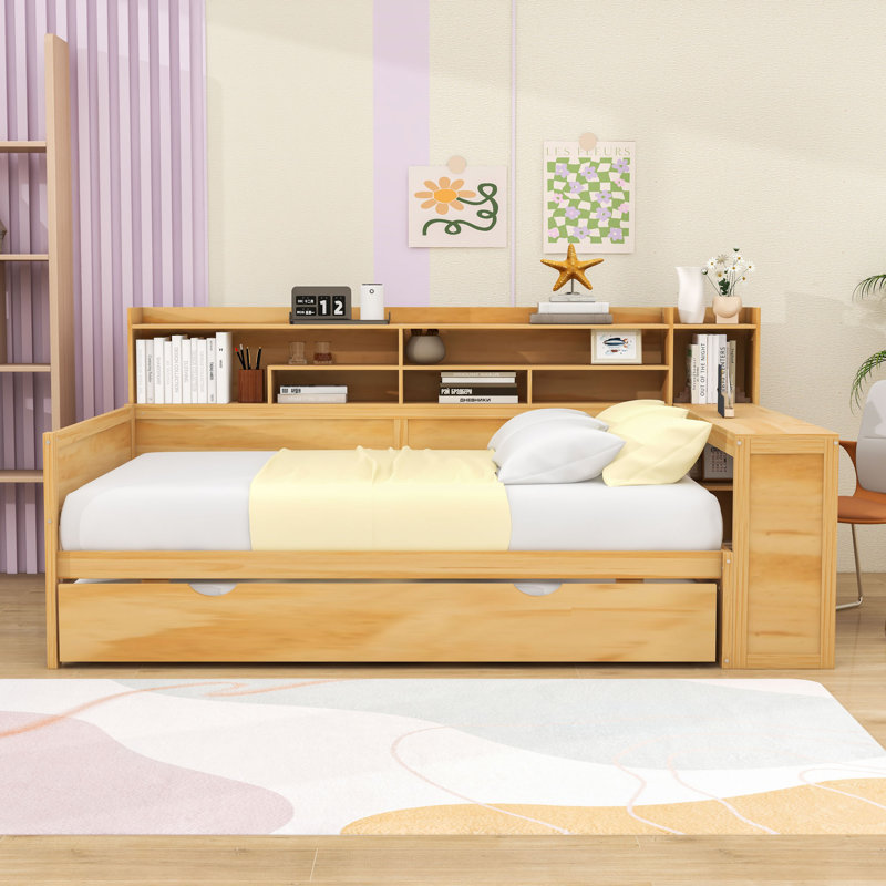 Wooden Daybed with Storage Shelves,  Trundle Bed and Study Desk, Natural, Full/Double