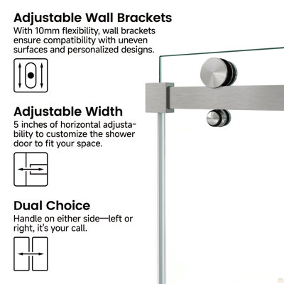 Porte de douche fixe et coulissante 60 * 76 po, quincaillerie de tube carré, porte de douche en verre transparent, verre trempé de 3/8 po (10 mm), acier inoxydable